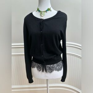 CLAUDE PIERLOT Black 100% merino wool cardigan w black lace